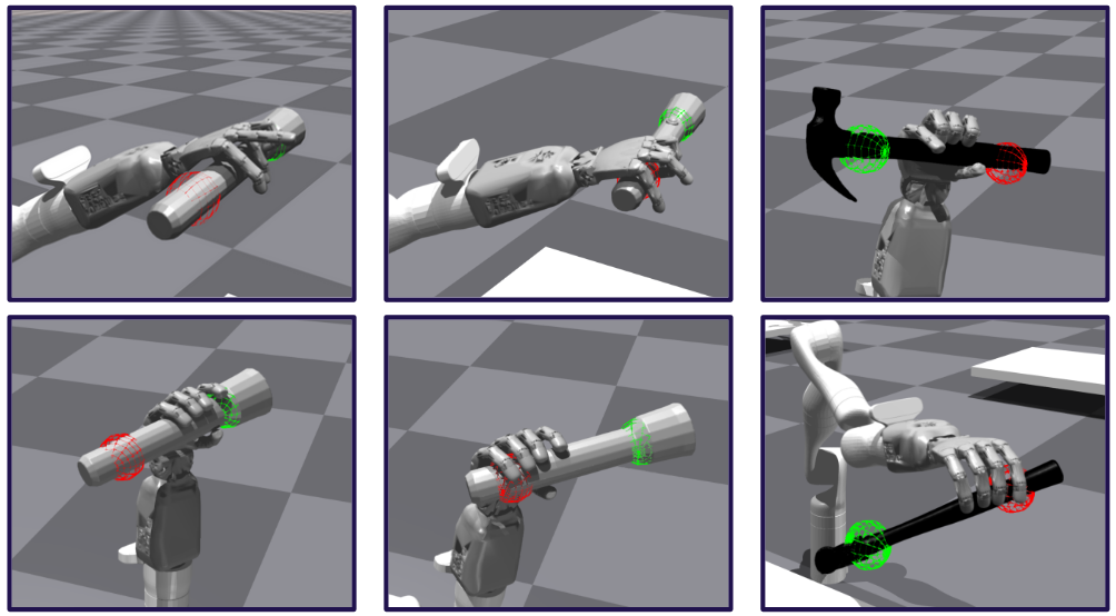 Grasps generated using a joint angle action space are shown in the top row, while those generated with a synergy space action space are displayed in the bottom row.