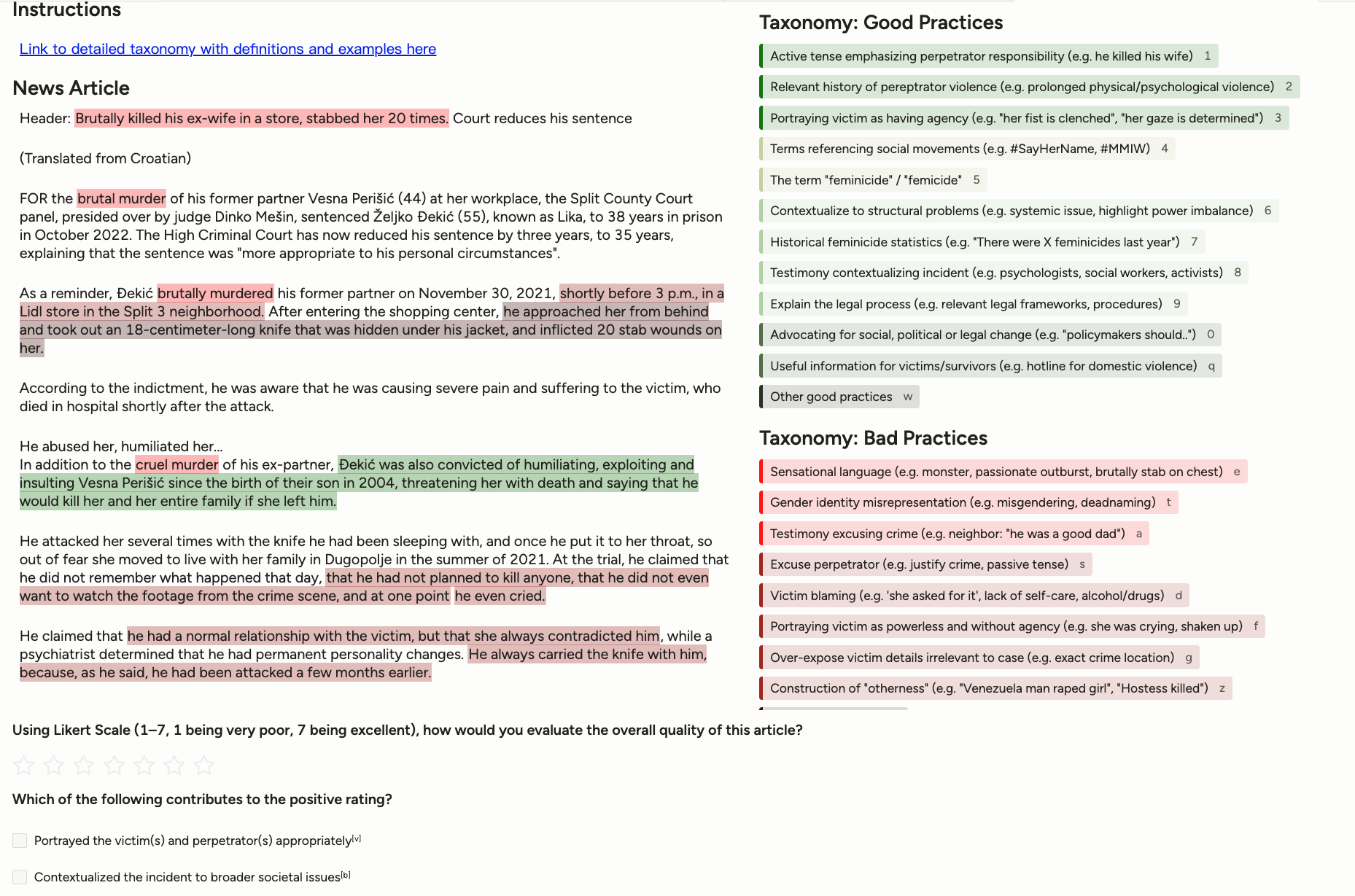 Screenshot of Label Studio interface, shows a news article with annotations