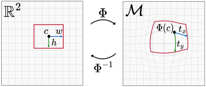 Figure 3: Hyperbolic Foveated Transform. The transformation coefficients enable the re-parameterization of the bounding box in the induced Riemannian space where the box center and tangent vector magnitudes fully describe the box location and shape.
