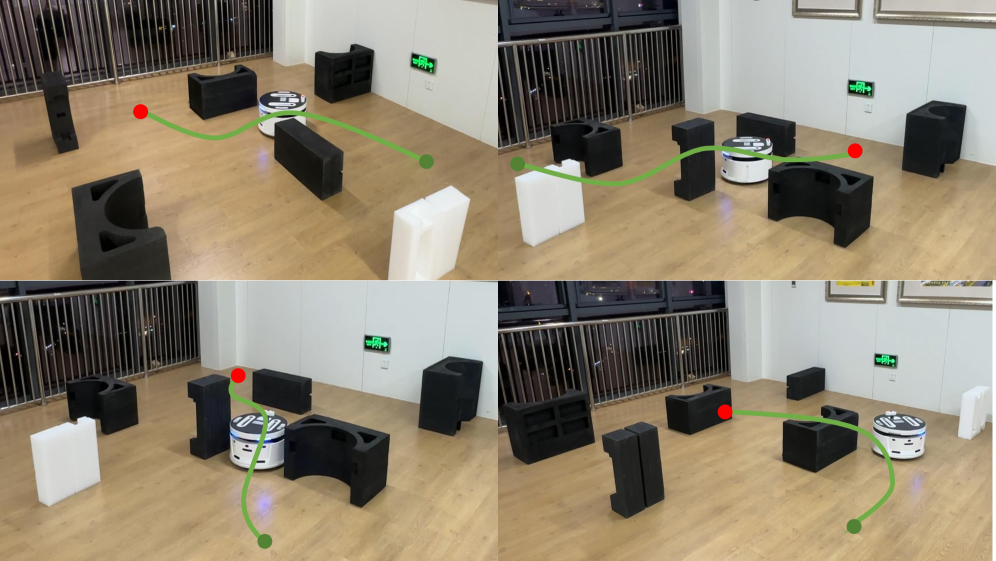 Figure 8: Real-world experiments of CP-RPN in a cluttered indoor environment. The remote IPC performs inference and global planning, and the robot reaches all targets without collisions.